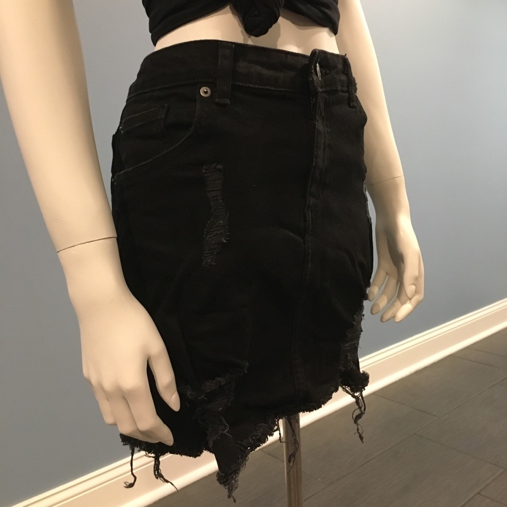 Black Denim Ripped and Frayed Mini Skirt
